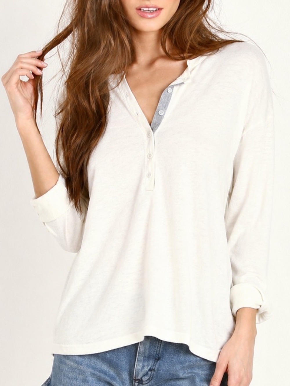 Splendid Cream Pullover Henley Roll up Sleeves Contrast Trim